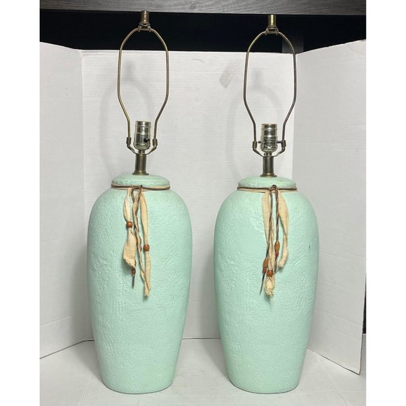 Textured Seafoam Green Native Style Lamps by Markel - a Pair - Mar Kel Tested